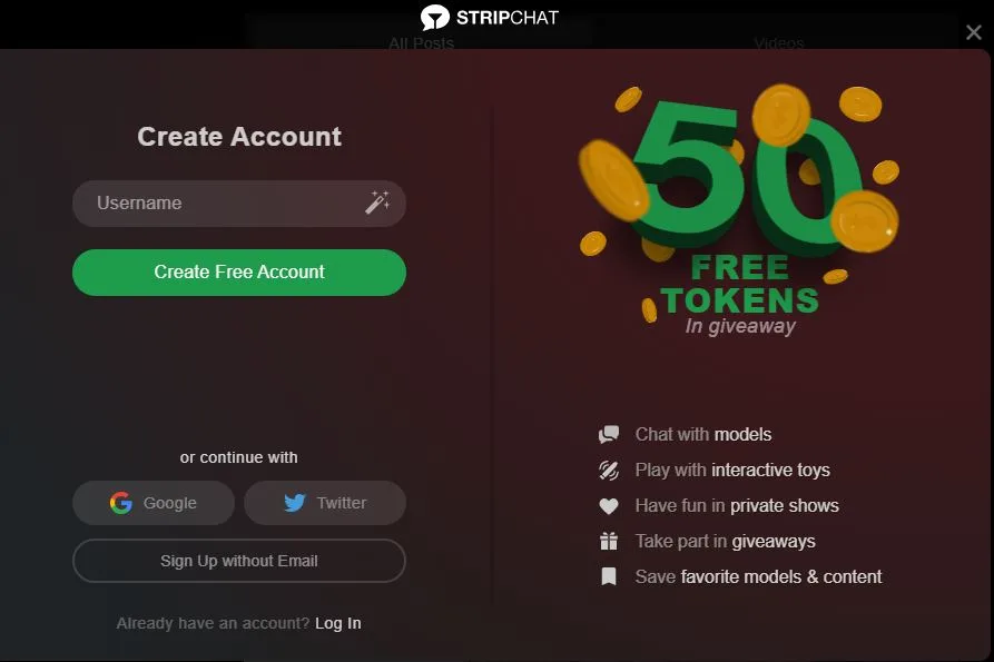Stripchat free 50 tokens